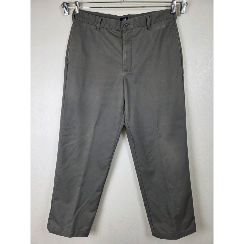IZOD Chino Pants Mens 36x29 Grey Olive Green Flat Front Straight Leg Trousers